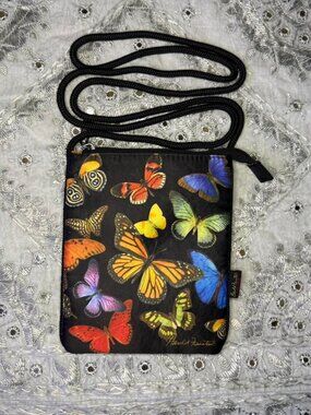 harold feinstein small black colorful butterfly crossbody zippered pouch/bag
